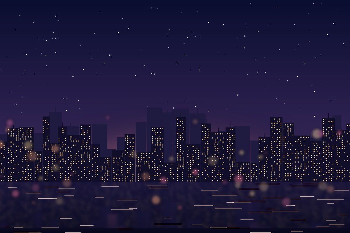 星空の下、夜景が広がる街並みのイラスト